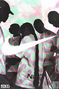 a group of people standing in front of a nike logo